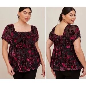 Torrid Top Sz XL Black Pink‎ Velvet Burnout Floral Boho Whimsigoth Fairy Grunge